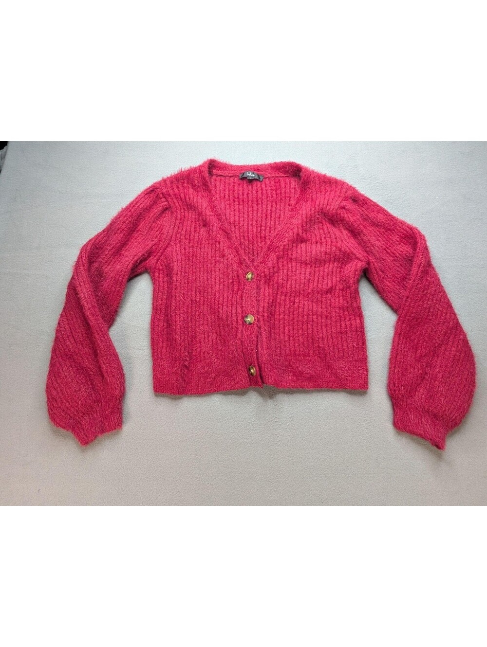 Lulus Sweater Cardigan Womens L Pink Fuzzy Cropped Button Front Ribbed Knit